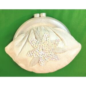 Vintage White Budd Genuine Leather Beaded Clutch Purse Lucite Made in USA